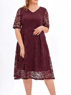 Women‘s Plus Size Curve Party Dress Lace Dress Cocktail Dress Midi Dress Black Pink Wine Half Sleeve Pure Color Lace Summer Spring Fall V Neck Fashion Birthday Wedding Guest Vacation 2023 -HANs Plus Size Style Shop robeci1691564495375