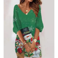 Women‘s Christmas Sweatshirt Dress Winter Dress Short Mini Dress Black 3/4 Length Sleeve Hat Print Fall Winter V Neck Vacation Casual 2022 S M L XL XXL 3XL -HANs Plus Size Style Shop rodkfw1666786451041