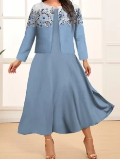 Women's Plus Size Two Piece Dress Set Casual Dress Swing Dress Outdoor Office Fashion Streetwear Print Midi Dress Crew Neck Long Sleeve Floral Plaid Regular Fit Pink Dark Pink Blue Fall Winter L XL -HANs Plus Size Style Shop roexqn1693213906769