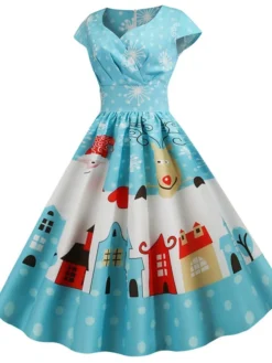 Women's Christmas Knee Length Dress Blue Dusty Blue Royal Blue Black Red Navy Blue Dark Blue Light Blue Short Sleeve Print Print Fall Winter V Neck Casual Vintage2021 S M L XL XXL 3XL -HANs Plus Size Style Shop roiqhi1629970326565