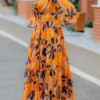 Women‘s Plus Size Curve Holiday Dress Floral Turtleneck Print 3/4 Length Sleeve Fall Spring Vintage Maxi Long Dress Date Vacation Dress