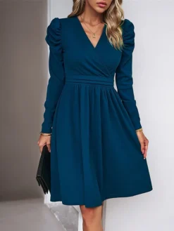 Women's Casual Dress Plain Dress Empire Waist Dresses Midi Dress Ruched Outdoor Daily Holiday Fashion Modern V Neck Long Sleeve 2023 Regular Fit Black Green Khaki Color S M L XL Size -HANs Plus Size Style Shop ronyul1692081754401