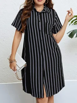 Women‘s Plus Size Curve Shirt Dress Casual Dress Shift Dress Midi Dress Outdoor Daily Vacation Polyester Fashion Modern Shirt Collar Button Pocket Short Sleeve Summer Spring 2023 Regular Fit -HANs Plus Size Style Shop rotgup1691465817033