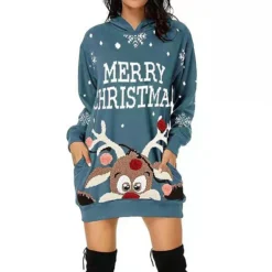 Women‘s Christmas Hoodie Dress Winter DressShort Mini Dress Red Black Long Sleeve Elk Tree Pocket Fall Winter Hooded Stylish Modern Loose Fit 2022 S M L XL XXL 3XL -HANs Plus Size Style Shop rowbly1668150192553