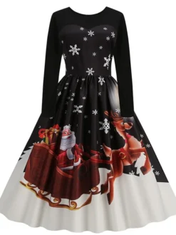 Women's Christmas Swing Dress Vintage DressKnee Length Dress Blue Royal Blue Light Blue Black Long Sleeve Santa Claus Elk Snowman Print Fall Winter Crew Neck Vacation Vintage 2022 S M L XL XXL 3XL -HANs Plus Size Style Shop rowzjk1665293402260