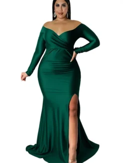 Women‘s Plus Size Curve Party Dress Sheath Dress Swing Dress Solid Color Long Dress Maxi Dress Long Sleeve Split Off Shoulder Fashion Party Black White Winter Fall L XL 3XL 4XL -HANs Plus Size Style Shop royzff1672800962726