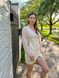 Women's Casual Dress Lace Dress Sheath Dress Mini Dress Patchwork Split Street Holiday Date Fashion Modern V Neck Long Sleeve 2023 Loose Fit Blue Apricot Color S M L XL Size -HANs Plus Size Style Shop rozmom1697618209650