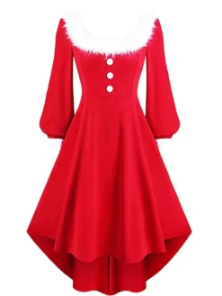 Women‘s Christmas Retro Elegant Vintage Dress Midi Dress Party Patchwork Button Plain Square Neck Long Sleeve Regular Fit Fall Winter 2023 Red S M L XL -HANs Plus Size Style Shop rozoju1694497706903