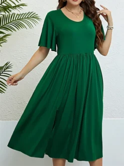 Women‘s Plus Size Curve Party Dress Cocktail Dress Wedding Guest Dress Midi Dress Green Short Sleeve Pure Color Split Summer Spring Fall Crew Neck Fashion Birthday Wedding Guest Vacation 2023 -HANs Plus Size Style Shop rplozx1691738818375