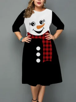 Women‘s Christmas Plus Size Work Dress Snowman Crew Neck 3/4 Length Sleeve Fall Winter Work Elegant Knee Length Dress Going Out Dress