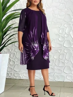 Women‘s Plus Size Curve Work Dress Shift Dress Graphic Midi Dress Half Sleeve Print Crew Neck Elegant Daily Wine Blue Spring Fall L XL XXL 3XL 4XL -HANs Plus Size Style Shop rpzoat1672905038015