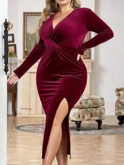 Women's Plus Size Curve Party Dress Wine Red Velvet Dress Bodycon Plain Midi Dress Long Sleeve Split V Neck Fashion Party Fall Winter -HANs Plus Size Style Shop rqjljh1695026706494