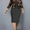 Women's Plus Size Curve Casual Dress Dress Set Two Piece Dress Floral Midi Dress Long Sleeve Print Crew Neck Fashion Outdoor Black Red Fall Winter L XL XXL 3XL 4XL