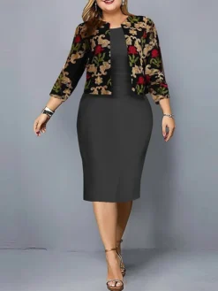 Women's Plus Size Curve Casual Dress Dress Set Two Piece Dress Floral Midi Dress Long Sleeve Print Crew Neck Fashion Outdoor Black Red Fall Winter L XL XXL 3XL 4XL