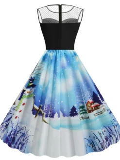 Women's Christmas Casual Dress Swing Dress Midi Dress Blue Royal Blue Dark Blue Light Blue Sleeveless Santa Claus Snowman Mesh Print Winter Fall Crew Neck Vacation Vintage 2022 S M L XL XXL -HANs Plus Size Style Shop rrbwpt1666597375184