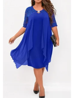 Women‘s Plus Size Curve Work Dress Floral V Neck Layered Half Sleeve Fall Spring Elegant Midi Dress Formal Work Dress