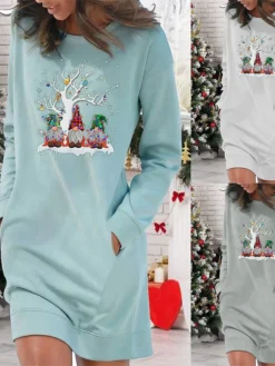 Women‘s Christmas Hoodie Dress Winter Dress Light Blue Grey White Long Sleeve Santa Claus Pocket Print Winter Fall Crew Neck Stylish Casual 2022 S M L XL 2XL / Cotton