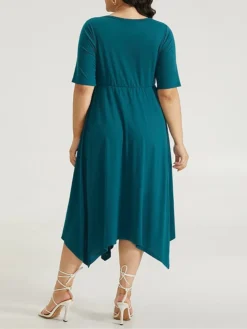 Women's Plus Size Curve Casual Dress Swing Dress A Line Dress Plain Midi Dress Half Sleeve Ruched Pocket V Neck Fashion Daily Dark Green Spring Fall L XL 2XL 3XL 4XL -HANs Plus Size Style Shop rrwlgk1697164736201