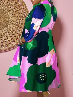 Women's Plus Size Curve Shirt Dress Casual Dress Swing Dress Floral Geometric Midi Dress 3/4 Length Sleeve Plus High Low Print Shirt Collar Fashion Daily White Yellow Fall Winter L XL XXL 3XL -HANs Plus Size Style Shop rsbmac1694594681211