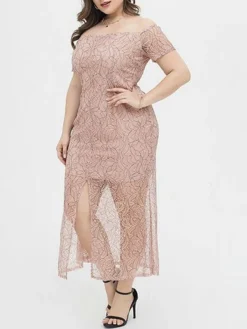 Women's Plus Size Prom Dress Party Dress Lace Dress Long Dress Maxi Dress Pink Short Sleeve Pure Color Lace Summer Spring Fall Off Shoulder Fashion Wedding Guest Birthday Evening Party 2023 XL XXL -HANs Plus Size Style Shop rsgfak1691648056632