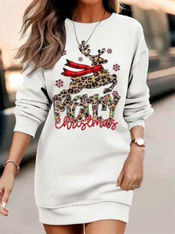 Women‘s Christmas Casual Dress Sweatshirt Dress Mini Dress Warm Fashion Outdoor Holiday Crew Neck Print Santa Claus Tree Loose Fit White Red Brown S M L XL XXL -HANs Plus Size Style Shop rsimcm1695096338064