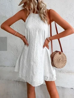 Women's Casual Dress Cut Out Dress White Dress Plain Hollow Out Halter Mini Dress Active Fashion Outdoor Daily Sleeveless Regular Fit White Summer Spring S M L XL XXL -HANs Plus Size Style Shop rsoazq1679307872839