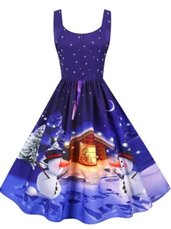 Women's Christmas Knee Length Dress Purple Black Red Navy Blue Light Blue Sleeveless Print Bow Print Fall Winter V Neck Casual Vintage2021 S M L XL XXL -HANs Plus Size Style Shop rsqgin1630043262559