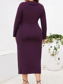 Women‘s Plus Size Curve Party Dress Cocktail Dress Bodycon Midi Dress Black Wine Purple Long Sleeve Pure Color Ruched Spring Fall Winter V Neck Fashion Winter Dress Birthday Wedding Guest 2023 -HANs Plus Size Style Shop rsxgws1691464086964