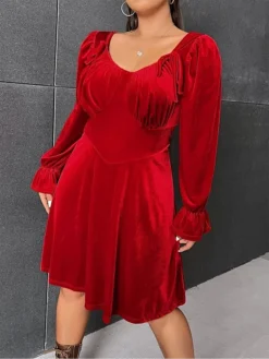 Women's Plus Size Curve Party Dress Velvet Dress Cocktail Dress Midi Dress Red Long Sleeve Pure Color Ruched Fall Winter Autumn V Neck Fashion Winter Dress Wedding Guest Vacation 2023 XL XXL 3XL -HANs Plus Size Style Shop rsxynm1693297250651