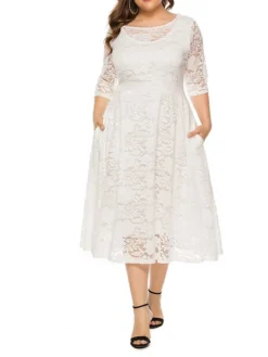 Women's Plus Size Curve Party Dress Lace Dress Semi Formal Dress Solid Color Midi Dress 3/4 Length Sleeve Lace Patchwork Crew Neck Fashion Wedding Light Yellow Black Spring Fall XL XXL 3XL 4XL 5XL -HANs Plus Size Style Shop rszqos1693533333231