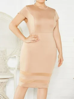Women's Plus Size Curve Party Dress Bodycon Sheath Dress Plain Midi Dress Short Sleeve Mesh Crew Neck Fashion Party Black White Fall Winter XL XXL 3XL 4XL 5XL -HANs Plus Size Style Shop rtssgx1694151468601