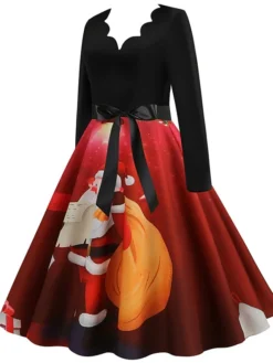 Women's Christmas Casual Dress Swing Dress Midi Dress Green Wine Light Red Fuchsia Red Long Sleeve Santa Claus Elk Bow Print Winter Fall V Neck Vacation Vintage 2022 S M L XL XXL 3XL -HANs Plus Size Style Shop rtswpn1666761910676