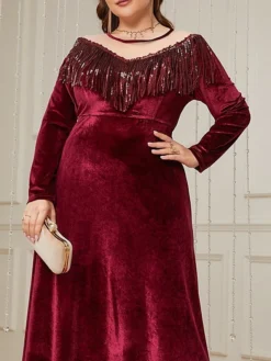 Women's Plus Size Curve Velvet Dress Casual Dress Winter Dress Plain Long Dress Maxi Dress Long Sleeve Tassel Fringe V Neck Fashion Outdoor Burgundy Fall Winter L XL XXL 3XL 4XL -HANs Plus Size Style Shop rtttme1697689534053