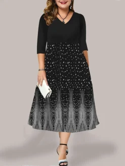Women's Plus Size Curve Casual Dress Work Dress Swing Dress Floral Long Dress Maxi Dress 3/4 Length Sleeve Pocket Print V Neck Fashion Outdoor Black Blue Fall Winter L XL XXL 3XL 4XL -HANs Plus Size Style Shop rtytnq1694594864726