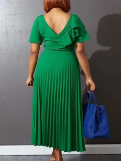 Women‘s Plus Size Curve Party Dress Solid Color V Neck Ruched Short Sleeve Fall Spring Work Prom Dress Maxi Long Dress Party Holiday Dress Ruffle -HANs Plus Size Style Shop rufoik1648636992736