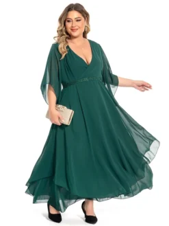 Women‘s Plus Size Curve Casual Dress Swing Dress Plain Long Dress Maxi Dress 3/4 Length Sleeve Layered V Neck Basic Outdoor Dark Green Summer Spring L XL XXL 3XL 4XL -HANs Plus Size Style Shop ruftyj1694771213129