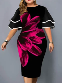 Women‘s Plus Size Curve Party Dress Floral Crew Neck Ruffle Short Sleeve Spring Fall Work Casual Prom Dress Midi Dress Casual Daily DressPrint -HANs Plus Size Style Shop ruouwm1637920826638