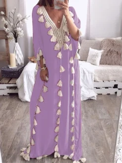 Women's Long Dress Maxi Dress Casual Dress Swing Dress Kaftan Dress Print Fashion Streetwear Outdoor Daily Vacation Tassel Fringe Patchwork Short Sleeve V Neck Dress Loose Fit Black White Light Purple -HANs Plus Size Style Shop rupzmn1676277794362