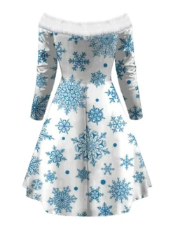 Women's Christmas Swing Dress Vintage Dress Mini Dress Green Blue Light Green Beige Gray Black Long Sleeve Santa Claus Snowman Snowflake Backless Feather Print Winter Fall Off Shoulder Stylish Elegant -HANs Plus Size Style Shop ruqfkw1666343934718