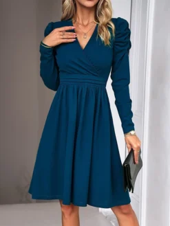 Women's Casual Dress Plain Dress Empire Waist Dresses Midi Dress Ruched Outdoor Daily Holiday Fashion Modern V Neck Long Sleeve 2023 Regular Fit Black Green Khaki Color S M L XL Size -HANs Plus Size Style Shop rvfjah1692081755569
