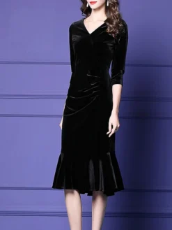 Women's Plus Size Curve Party Dress Velvet Dress Winter Dress Solid Color Midi Dress Long Sleeve Ruched V Neck Fashion Party Black Wine Fall Winter L XL XXL 3XL 4XL -HANs Plus Size Style Shop rvicci1694576153090