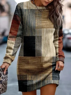 Women's Casual Dress Sweatshirt Dress Mini Dress Warm Fashion Outdoor Holiday Vacation Crew Neck Print Geometric Loose Fit Yellow Red Blue S M L XL XXL