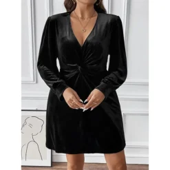 Women's Plus Size Curve Party Dress Black Velvet Dress Cocktail Dress Solid Color Mini Dress Long Sleeve Ruched V Neck Fashion Party Black Fall Winter XL XXL 3XL -HANs Plus Size Style Shop rwanzp1695645441758