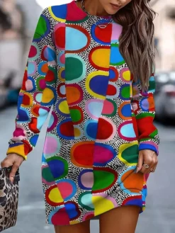 Women's Casual Dress Sweatshirt Dress Winter Dress Floral Geometric Print Crew Neck Mini Dress Fashion Streetwear Outdoor Daily Long Sleeve Loose Fit White Pink Blue Fall Winter S M L XL XXL