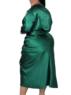 Women‘s Plus Size Curve Flattering Dresses Elegant Apple Shaped Dress Wedding Guest Work Dress Pure Color Shirt Collar Long Sleeve Fall Winter Work Midi Dress Going Out Work Dress Shirt Dress -HANs Plus Size Style Shop rwuyaq1663665117089