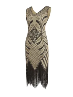 Women's Retro 1920s Fringe Dress Midi Dress Party Halloween Sequins Tassel Fringe Floral V Neck Sleeveless Regular Fit Spring Fall 2023 Black Gold S M L XL -HANs Plus Size Style Shop rxcfzy1692947806752