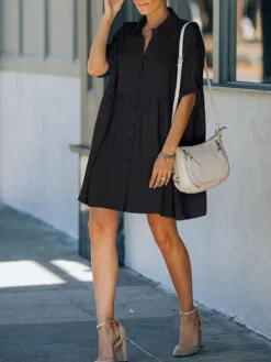 Women's Shirt Dress Casual Dress Mini Dress Outdoor Daily Cotton Basic Casual Shirt Collar Ruched Button Half Sleeve Summer Spring Fall 2023 Loose Fit Black White Pure Color M -HANs Plus Size Style Shop ryfhyw1681811924057