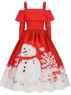 Women's Christmas Swing Dress Slip Dress Vintage Dress Midi Dress Black Wine Light Red Long Sleeve Santa Claus Cold Shoulder Winter Fall Autumn Spaghetti Strap Modern Vacation 2022 S M L XL XXL 3XL -HANs Plus Size Style Shop ryrcii1667793481139
