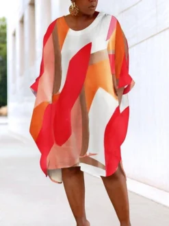 Women‘s Plus Size Curve Holiday Dress Print U Neck Print 3/4 Length Sleeve Fall Spring Casual Knee Length Dress Date Work Dress