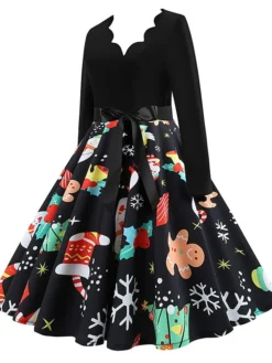 Women's Christmas Retro 1950s Vintage Dress Midi Dress Party Ruched Bow Fruit V Neck Long Sleeve Regular Fit Fall Winter 2023 Deep Green Black S M L XL -HANs Plus Size Style Shop rythxx1695363822102